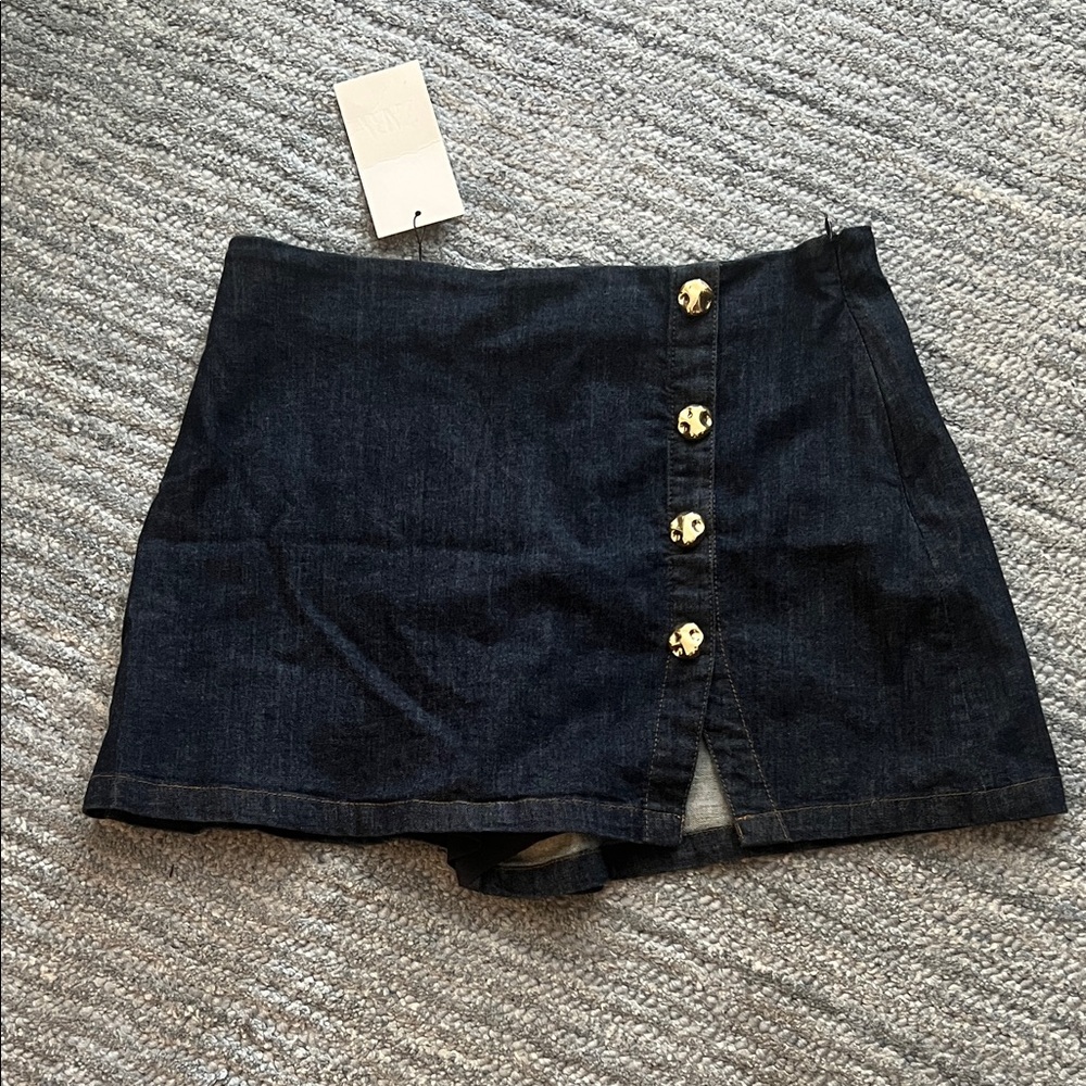 Zara Dark Indigo Denim Mini Skort with Gold-Tone Tag Accent